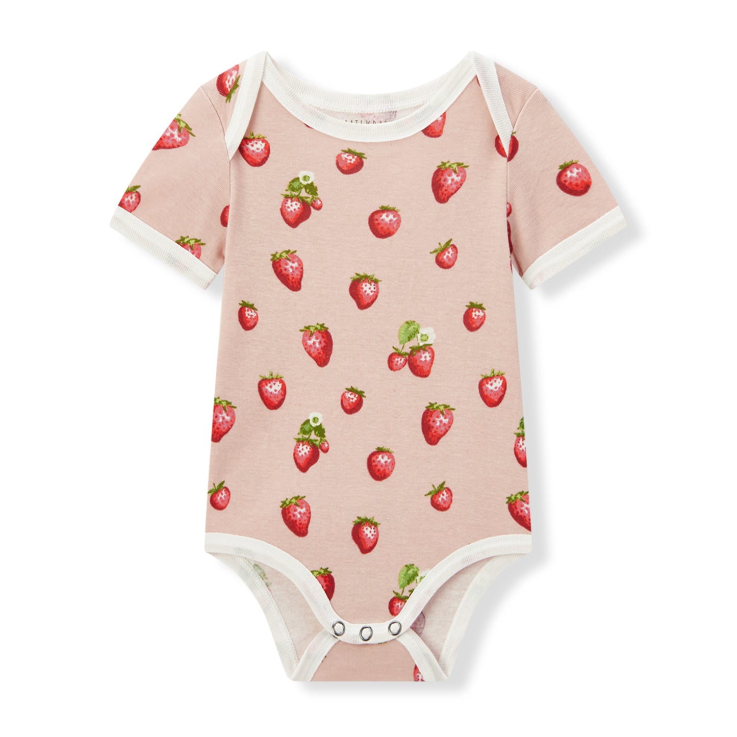 Milkbarn baby short sleeve one piece in pink and red strawberry print, made from 100% organic cotton for infants and toddlers