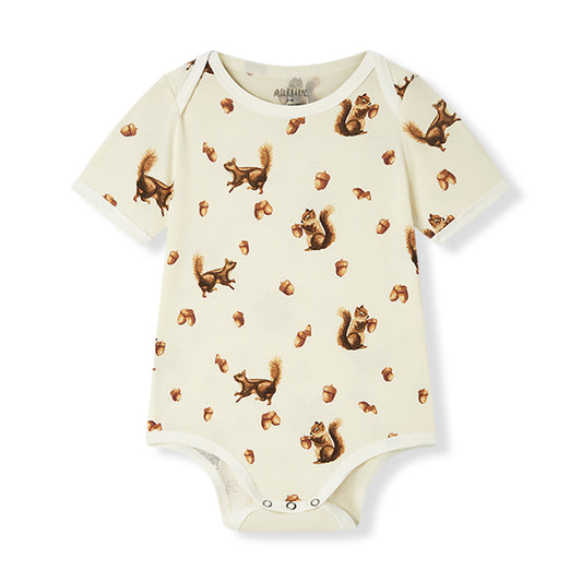 Milkbarn baby short sleeve one piece in white cream chipmunk and squirrel print with nuts, soft and stretchy 95% viscose bamboo 5% spandex (Luxe Stretch) for infants and toddlers