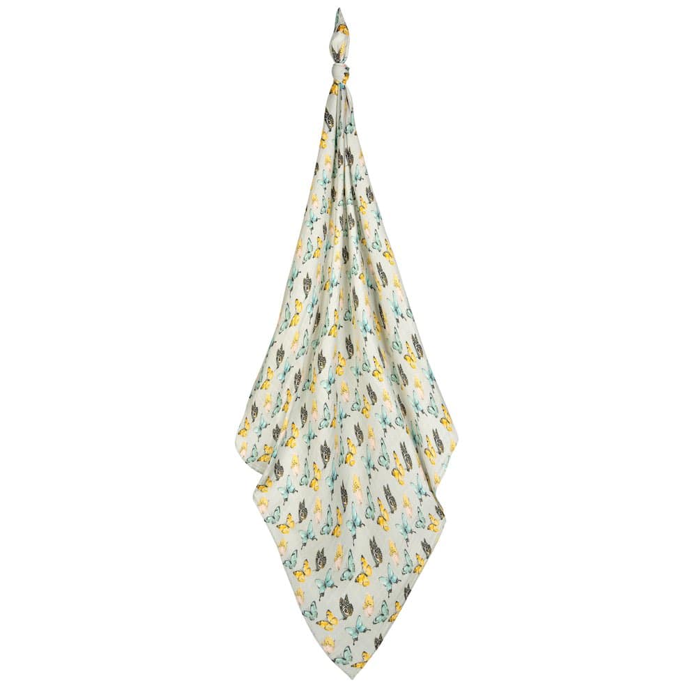 Milkbarn Butterfly bamboo swaddle blanket in light blue, pink and yellow, soft bamboo and cotton swaddle blanket for babies and toddlers