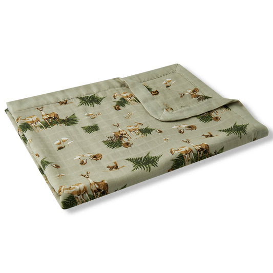 Milkbarn Forest Party green and brown big lovey blanket, breathable bamboo and organic cotton comfort blanket for babies