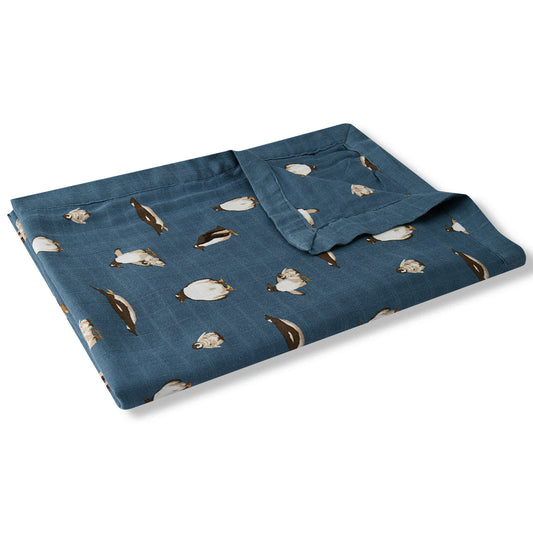 Milkbarn Penguin dark blue big lovey blanket, breathable bamboo and organic cotton baby blanket for sensitive skin