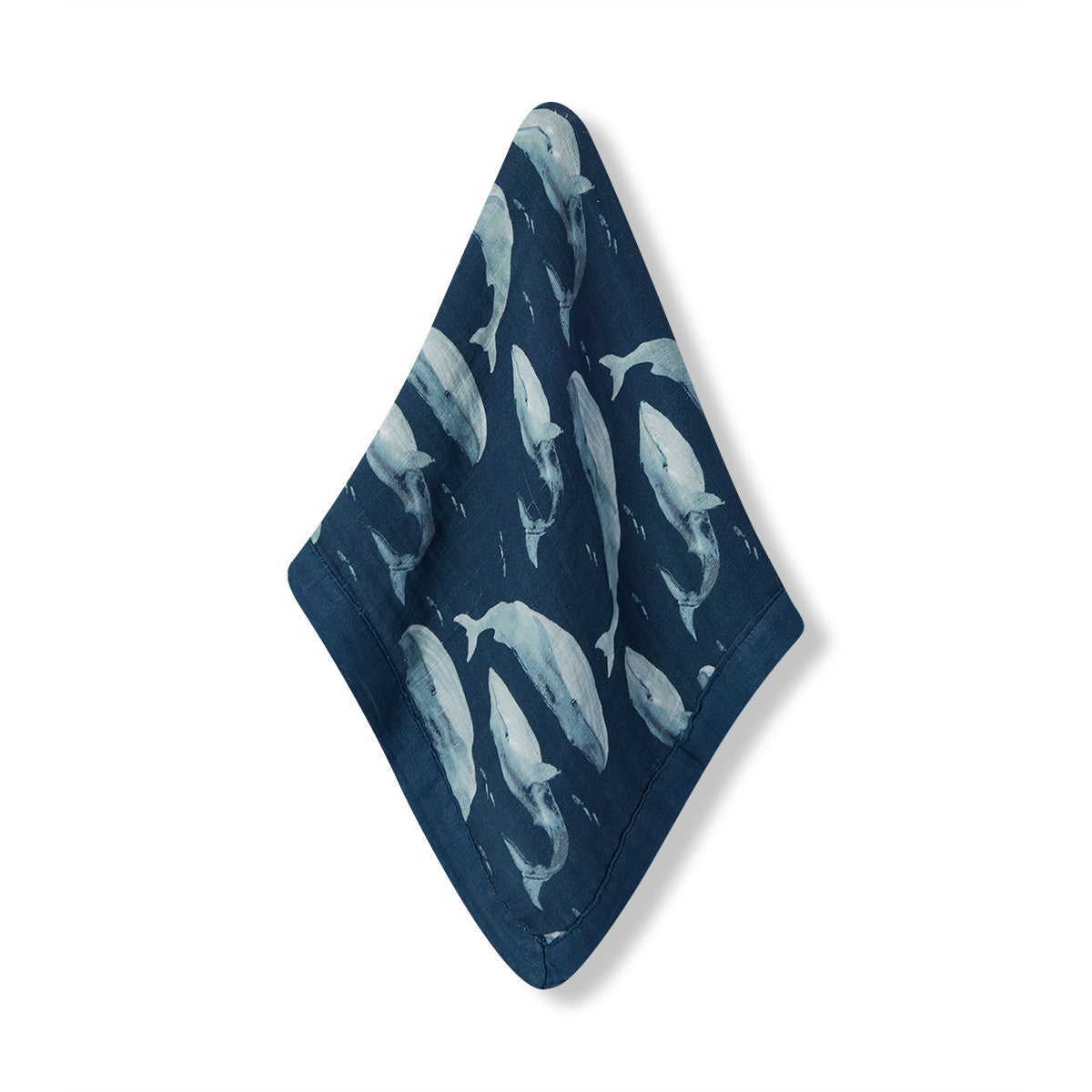 Milkbarn Blue Whale Mini Lovey Two-Layer Muslin Security Blanket with dark blue trim, soft bamboo cotton muslin baby blanket with whale print