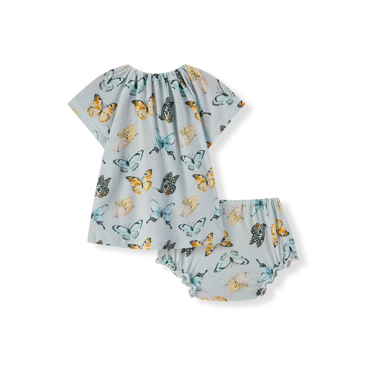 Back view of Milkbarn Butterfly Bamboo Dress and Bloomer Set for girls, breathable rayon from bamboo fabric with whimsical butterfly design