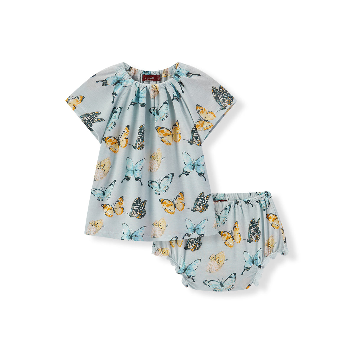 Milkbarn Butterfly Bamboo Dress and Bloomer Set for girls, front view of eco-friendly outfit made from 100% rayon from bamboo with butterfly print