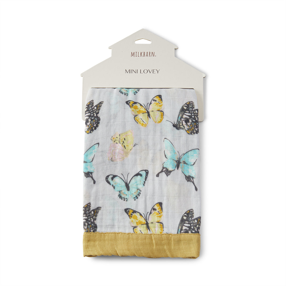 Milkbarn Butterfly Mini Lovey Two-Layer Muslin Security Blanket with gold trim in Milkbarn paper hanger packaging, bamboo and cotton blend muslin, girly butterfly print design for babies