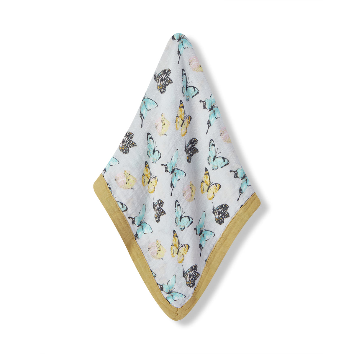 Milkbarn Butterfly Mini Lovey Two-Layer Muslin Security Blanket with gold trim, soft baby comfort blanket made from 70% bamboo rayon and 30% cotton, blue base with yellow, black, and light blue butterfly print