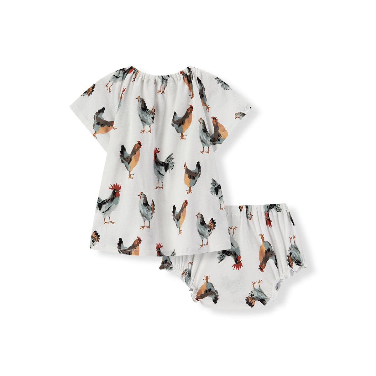 Back view of Milkbarn Chicken Organic Cotton Dress and Bloomer Set in white with chicken print, organic cotton outfit for girls