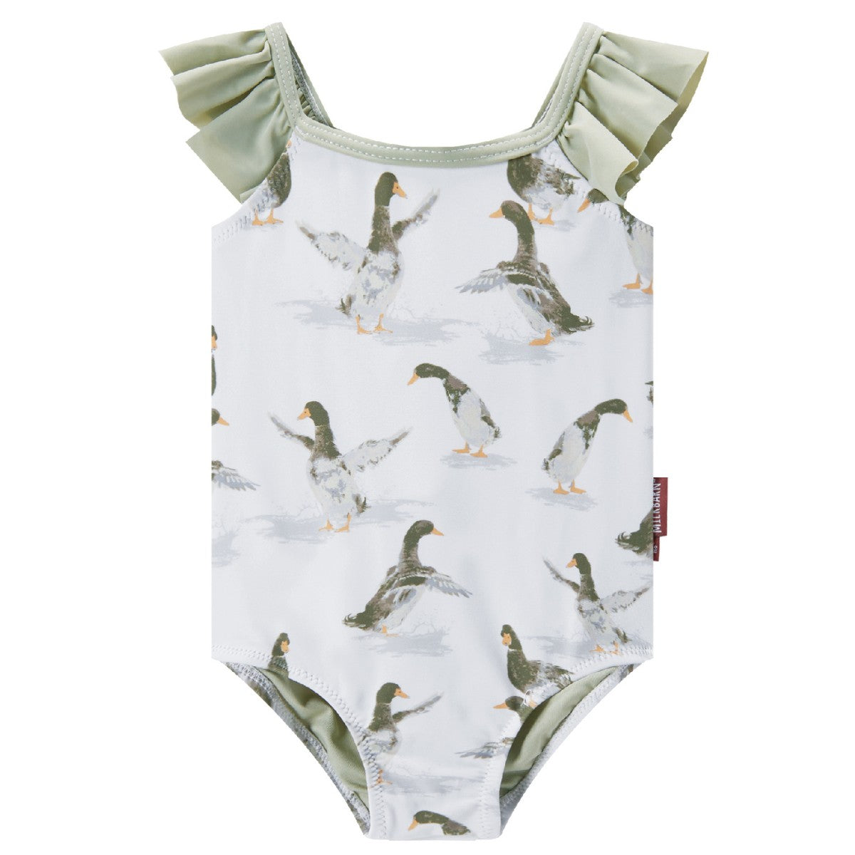 Front view of Milkbarn’s Duck Ruffled Cross Back Swimsuit highlighting cheerful yellow ducks on a soft neutral background with UPF 50+ nylon spandex blend