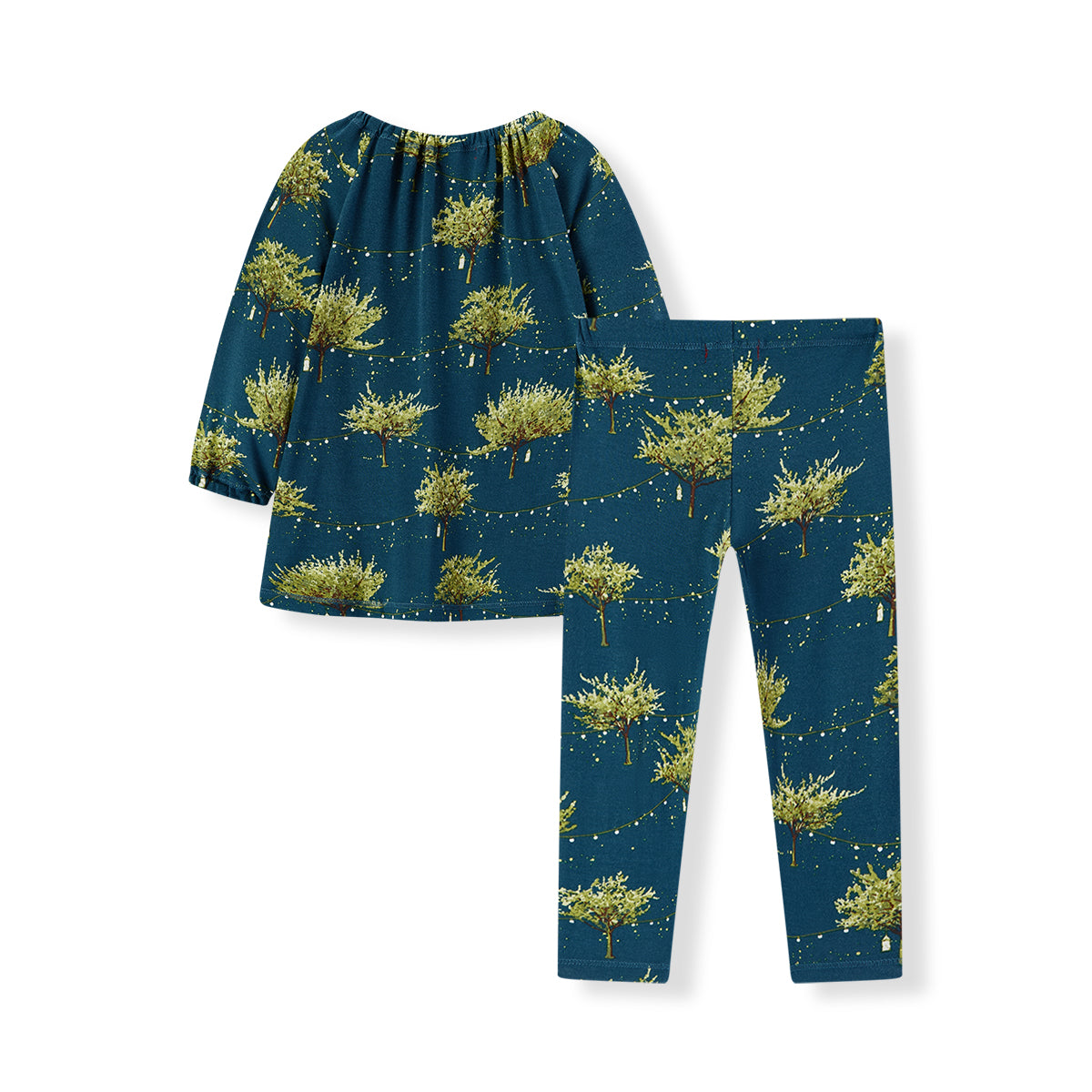 Back view of Milkbarn Firefly Bamboo Dress and Legging Set, soft breathable dark blue rayon from bamboo with playful firefly lights and light green tree design, perfect for little girls