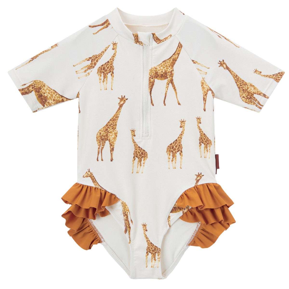 Milkbarn’s Giraffe Short Sleeve Ruffled One Piece Swimsuit featuring playful orange giraffes, leg ruffles, and UPF 50+ nylon spandex for comfort and protection
