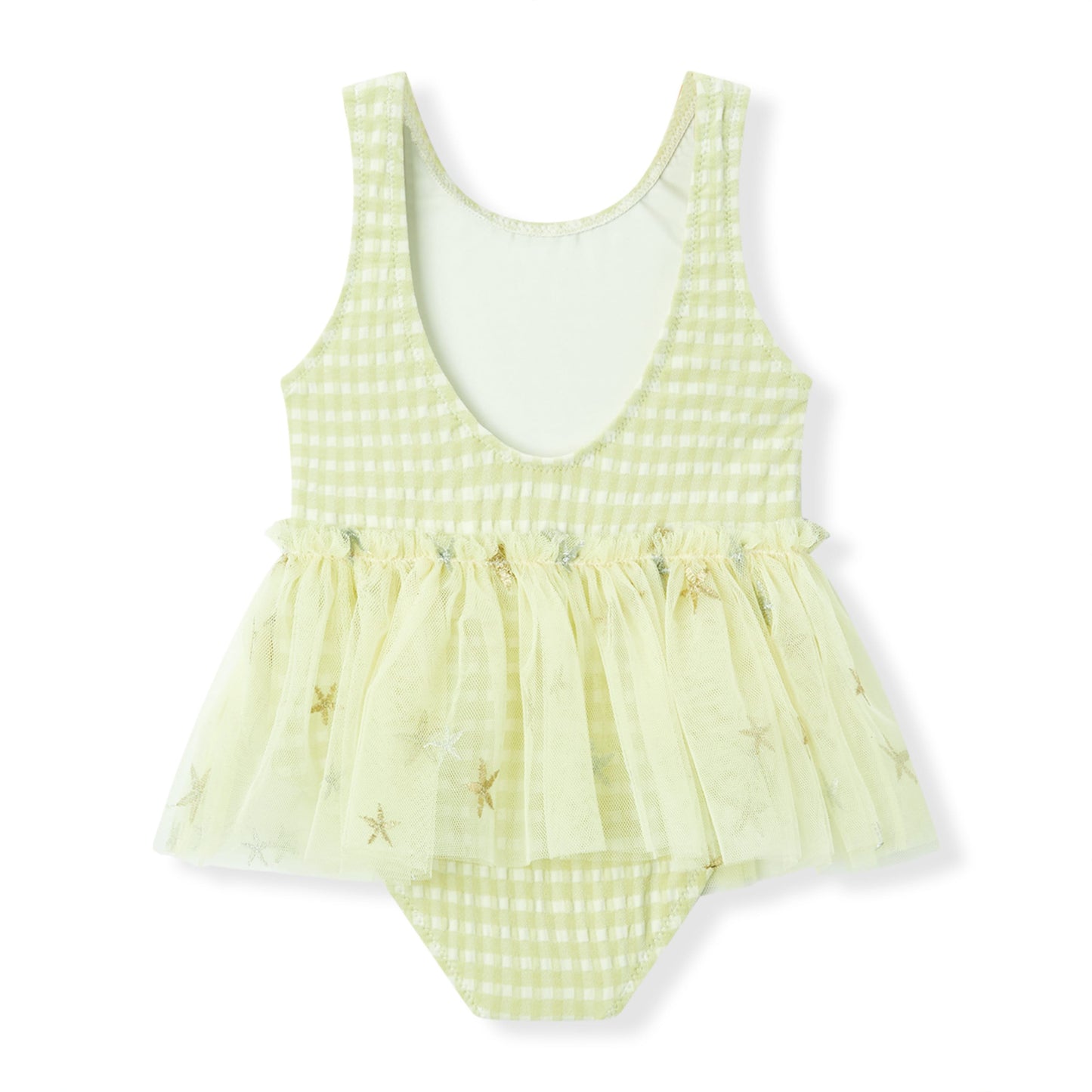 Back view of Milkbarn’s Green Gingham Ballet Skirt one piece Swimsuit showing delicate straps and gathered tutu skirt in a soft green check print
