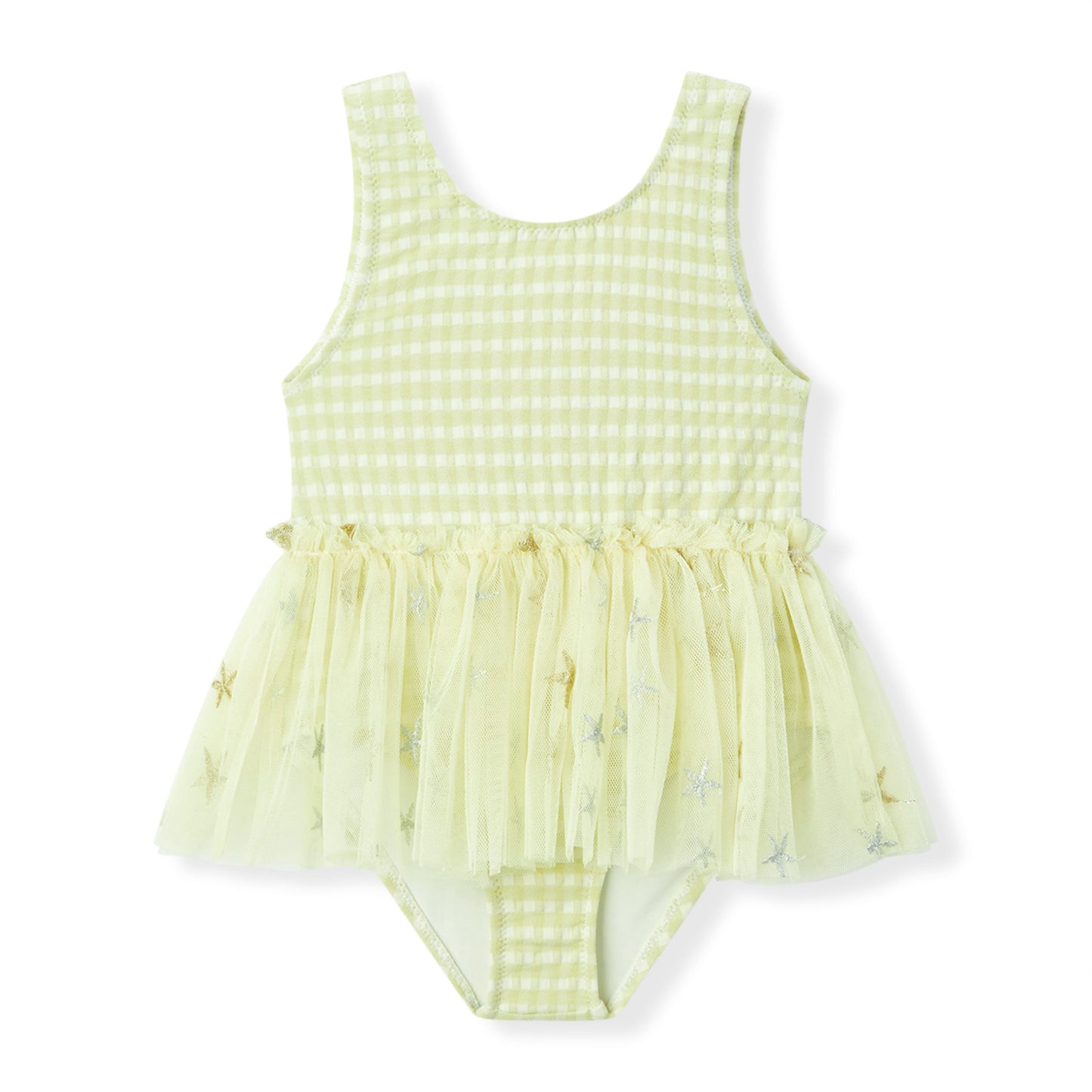 Baby girl one piece swimsuit in Milkbarn’s Green Gingham Ballet Skirt design, made of a soft nylon spandex blend with UPF 50+ protection and a sweet vintage check pattern