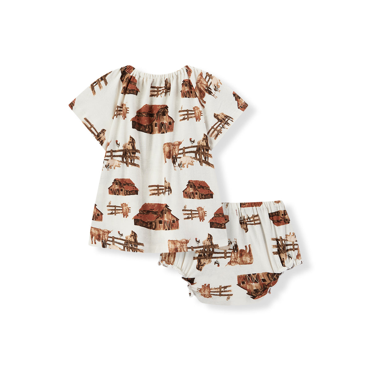 Back view of Milkbarn Homestead Organic Cotton Dress and Bloomer Set, soft sustainable white cotton with whimsical farm life print featuring barn, horse, cow, chicken, and pigs