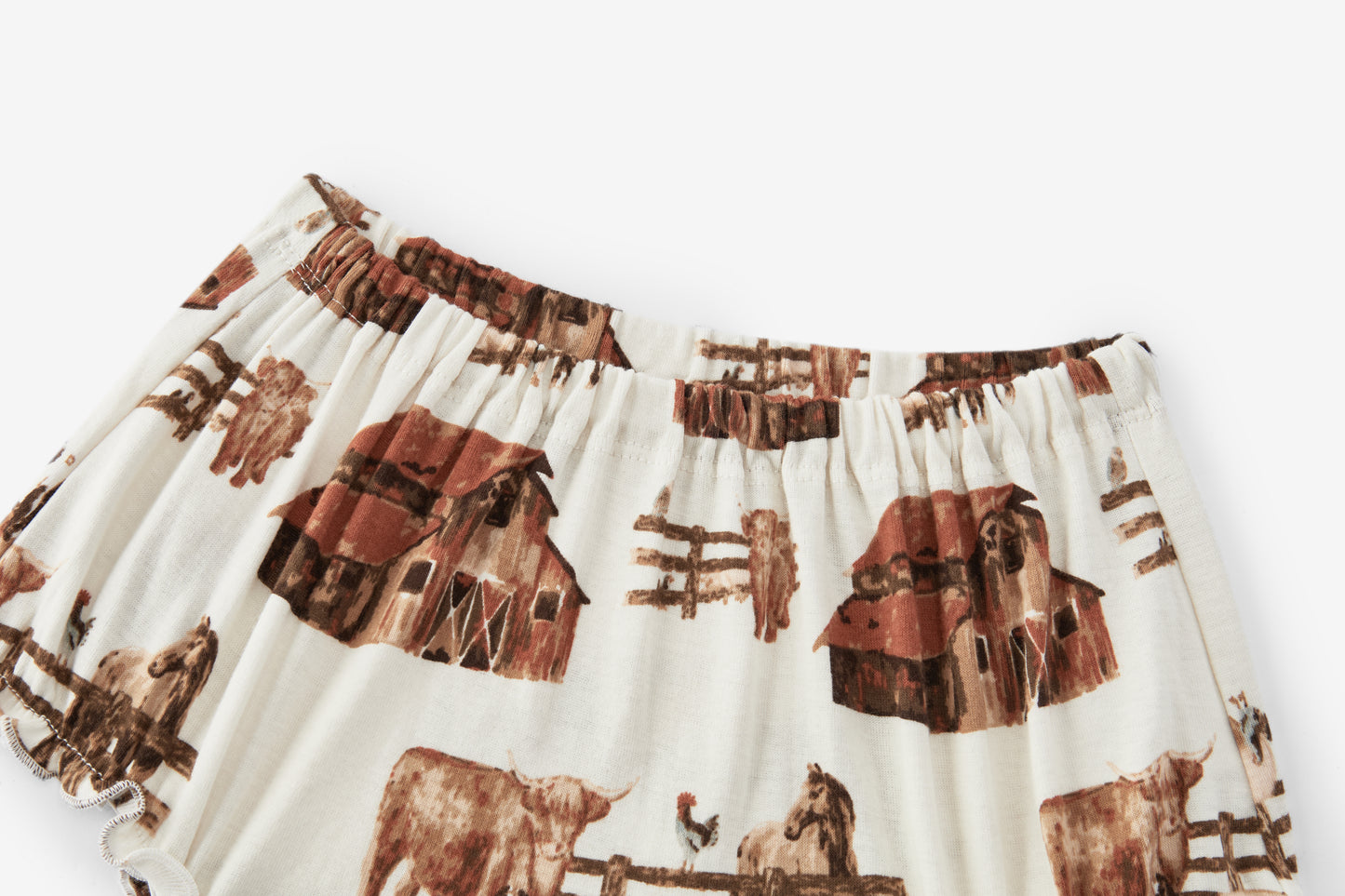 Closeup of bloomers on Milkbarn Homestead Organic Cotton Dress and Bloomer Set, showing elastic waistband and detailed farm animal print with barn, horse, cow, chicken, and pigs