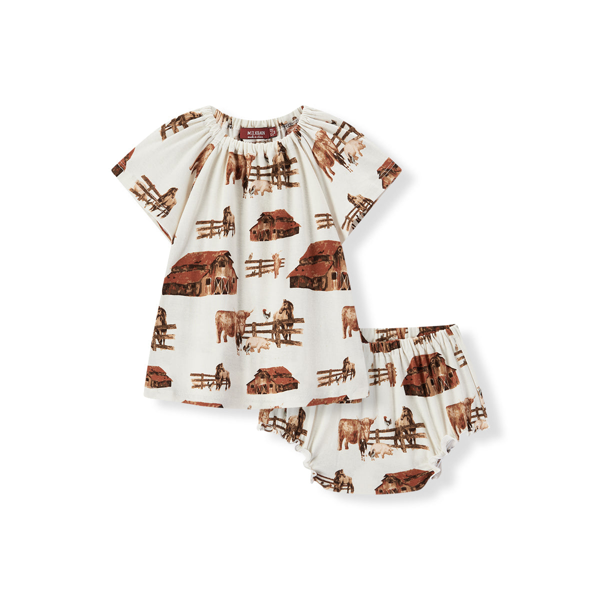 Milkbarn Homestead Organic Cotton Dress and Bloomer Set for girls, front view of playful farm-inspired outfit in white 100% certified organic cotton with barnyard animal print