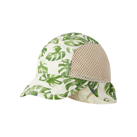 Milkbarn’s Island Leaf Outdoor Explorer Hat with lush green tropical leaves, mesh sides for airflow, and extended back flap for UPF 50+ coverage