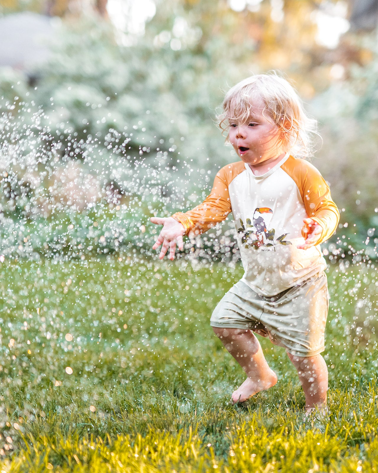 Boy wearing Milkbarn Island Toucan long-sleeve shirt and trunks swim set reaching for sprinkler water, playful summer moment in UPF 50+ kids swimwear.