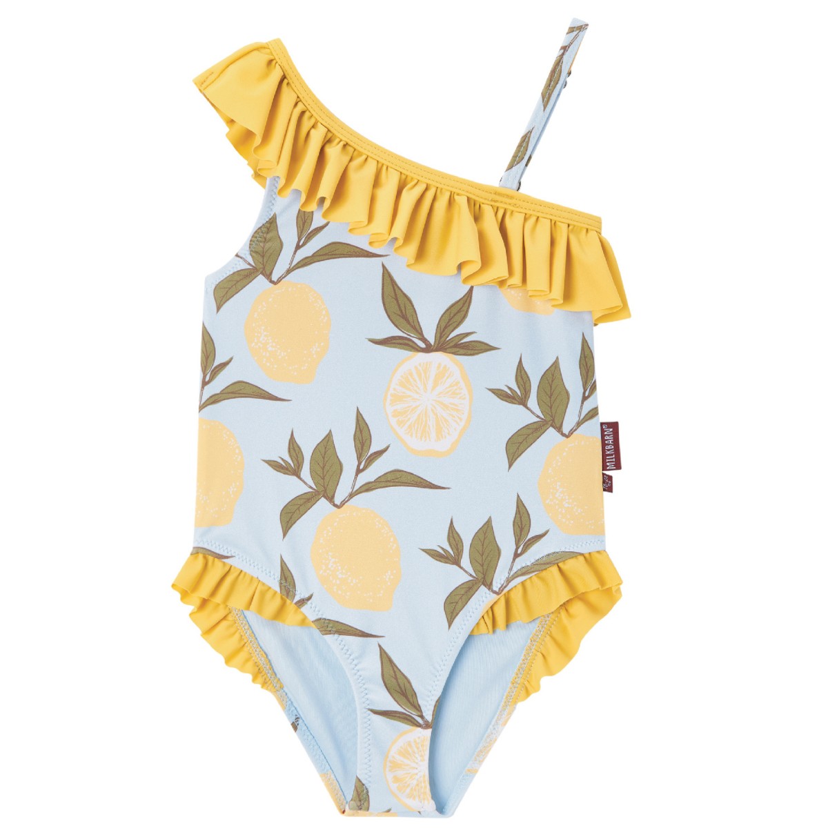 Milkbarn’s Lemon Off Shoulder One Piece Swimsuit with bright yellow lemons on a pale background, featuring UPF 50+ nylon spandex and playful ruffle detail on one shoulder