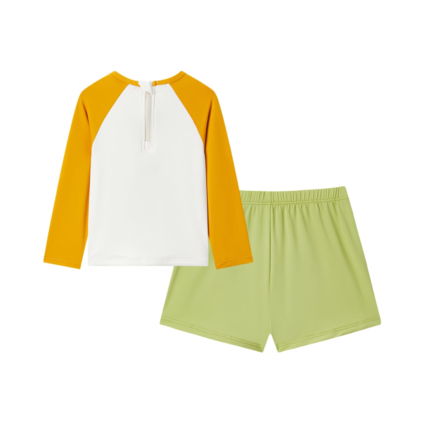 Back view of Milkbarn Island Toucan long-sleeve shirt and trunks swim set showing zipper on shirt back, UPF 50+ sun-protective nylon spandex swimwear