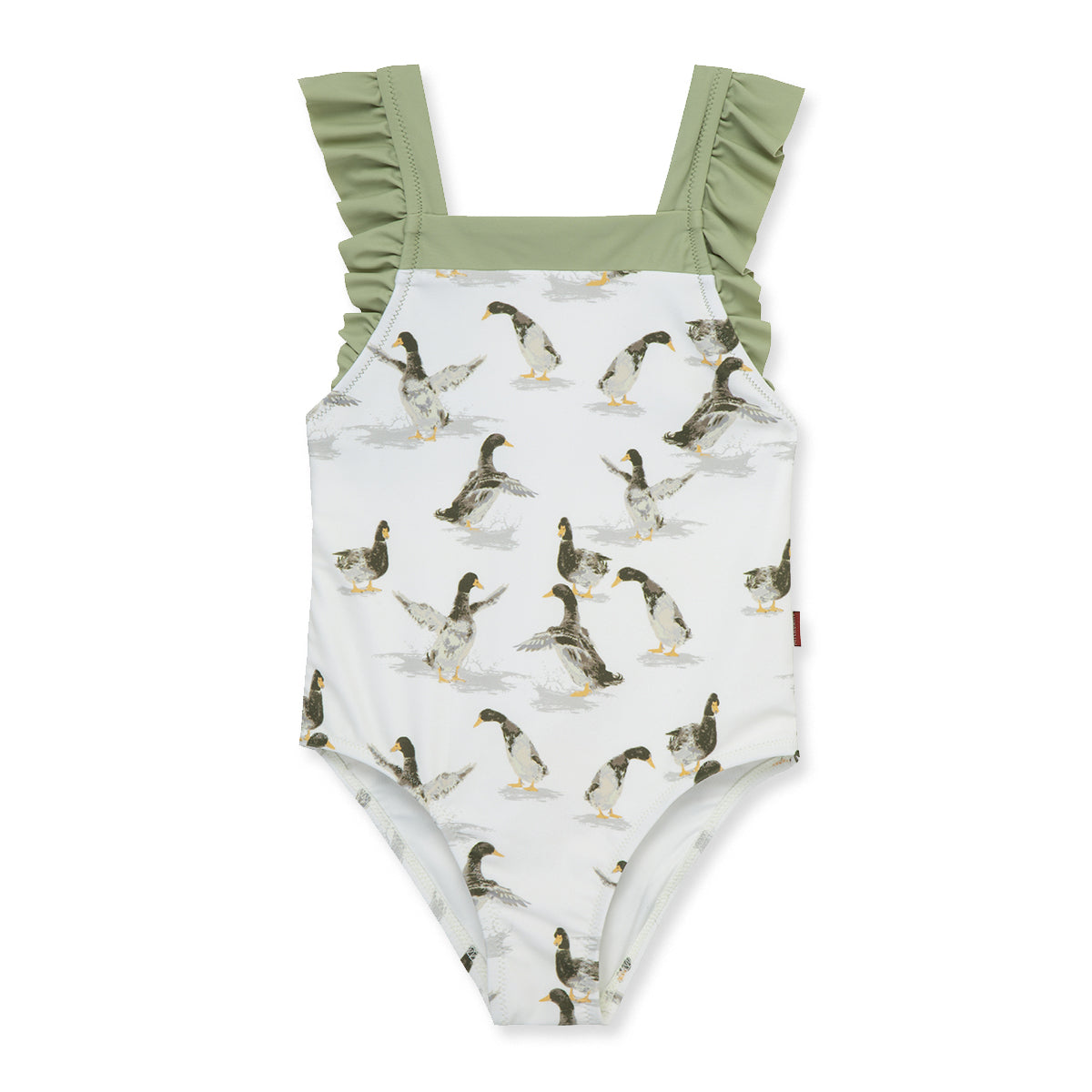 Milkbarn Duck ruffle square-neck swimsuit for babies and toddlers featuring cheerful duck print, UPF 50+ nylon-spandex blend for sunny swim adventures.