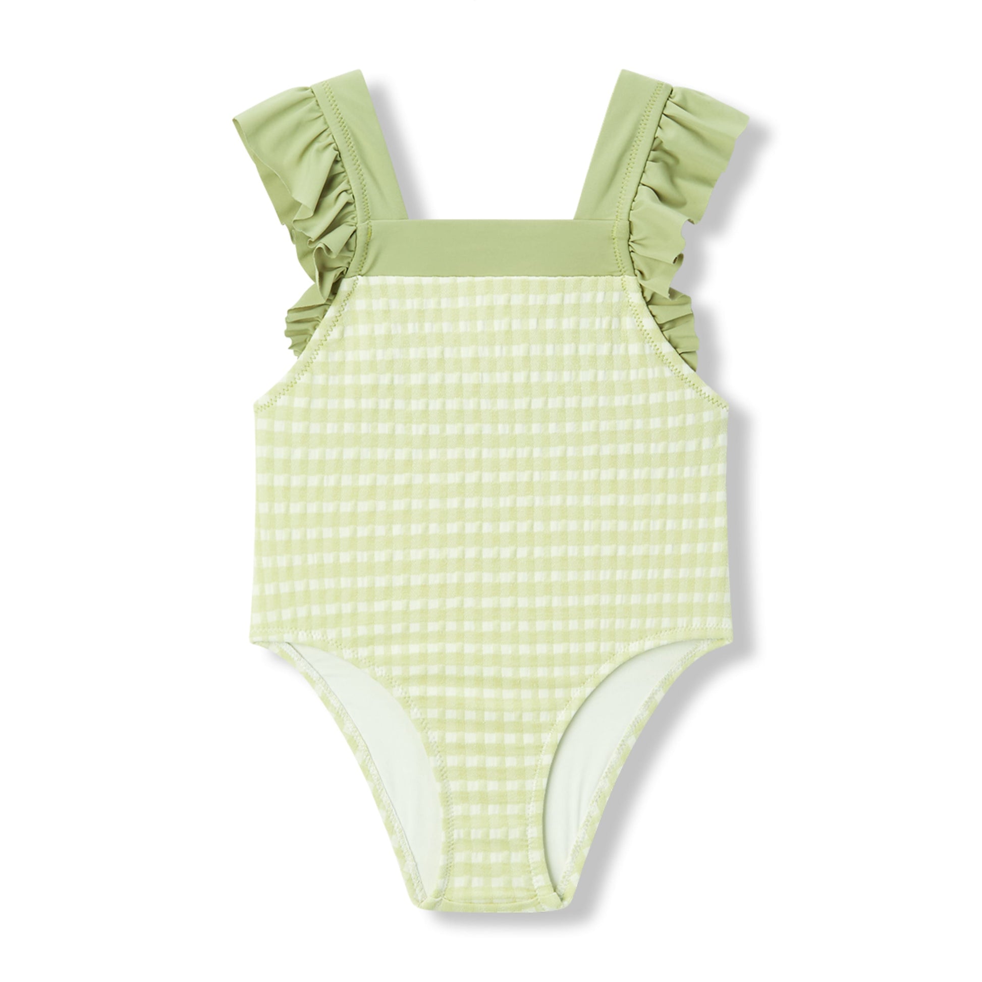 Milkbarn Green Gingham ruffle square-neck one-piece swimsuit for baby girls, light green check design, UPF 50+ stretch nylon blend for sunny swim days.