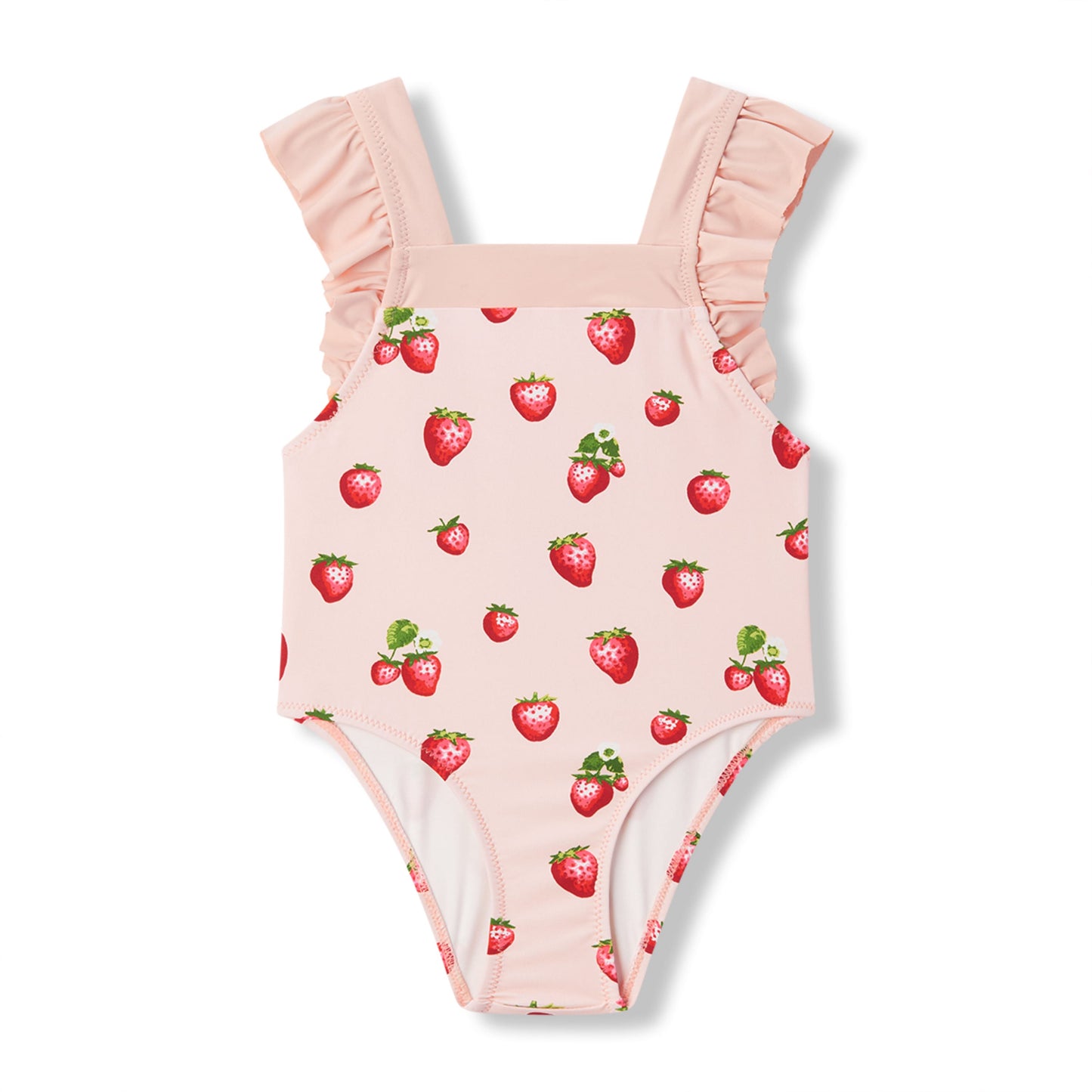 Milkbarn Strawberry ruffle square-neck swimsuit for baby girls with sweet berry print, UPF 50+ nylon-spandex blend for playful pool and beach time.