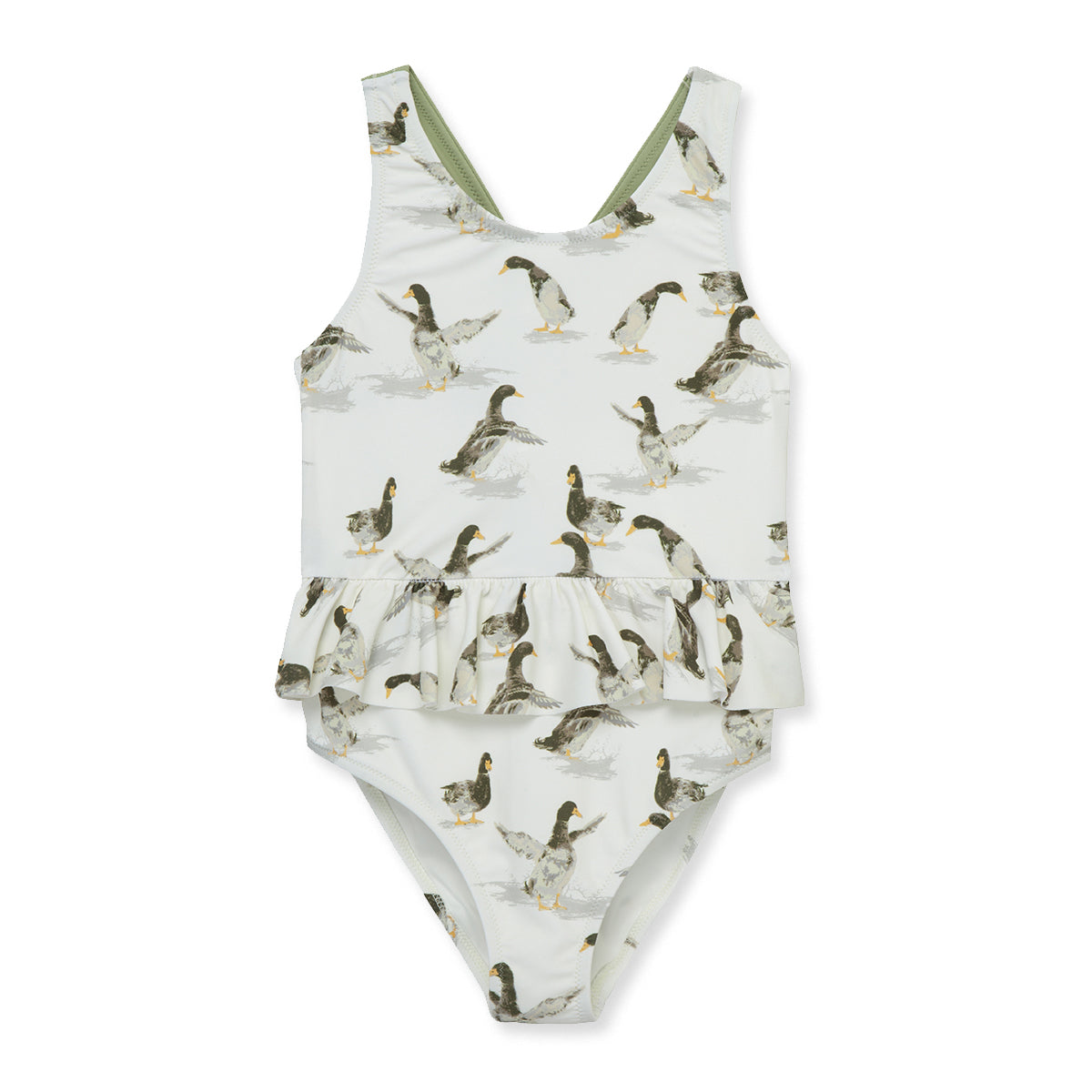 Milkbarn Duck ruffle waist cross-back one-piece swimsuit for baby and toddler girls, playful duck print, UPF 50+ nylon spandex blend for comfort.