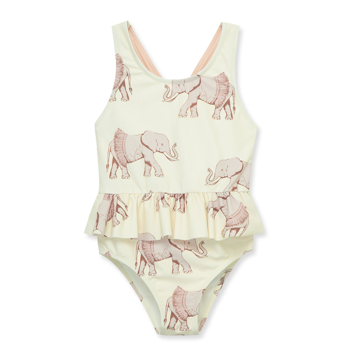 Milkbarn Tutu Elephant ruffle waist cross-back one-piece swimsuit for baby girls, soft cream elephant print, UPF 50+ nylon spandex blend for gentle comfort.