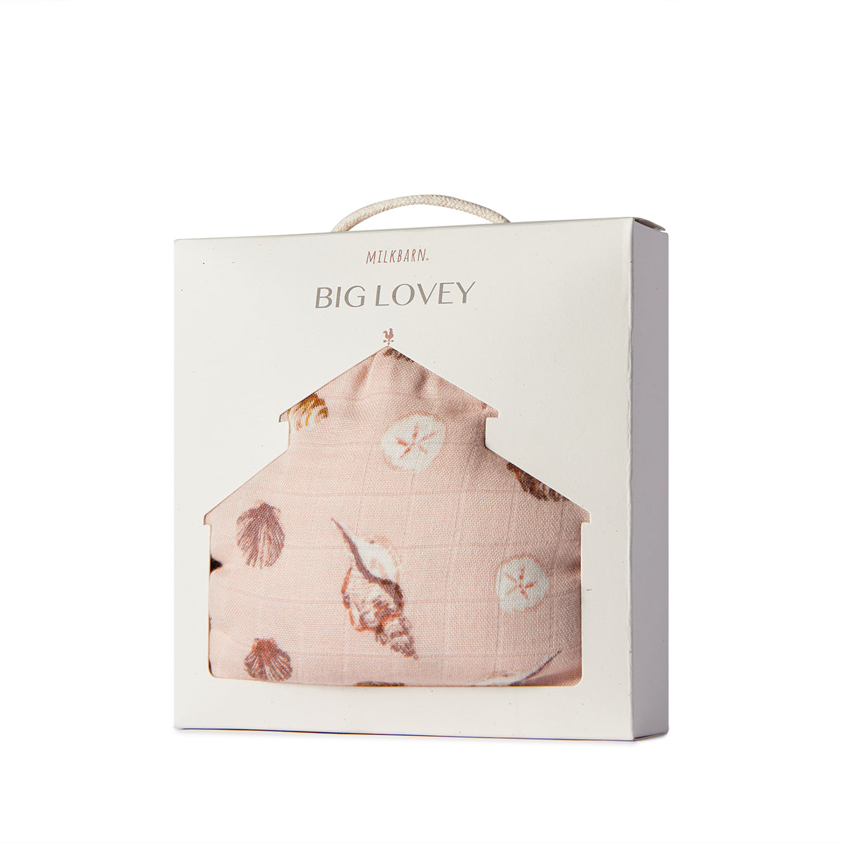 Milkbarn Seashells Big Lovey Three-Layer Muslin Blanket in Milkbarn gift box, made with 70% bamboo rayon and 30% cotton for softness and durability, featuring seashell and sand dollar design