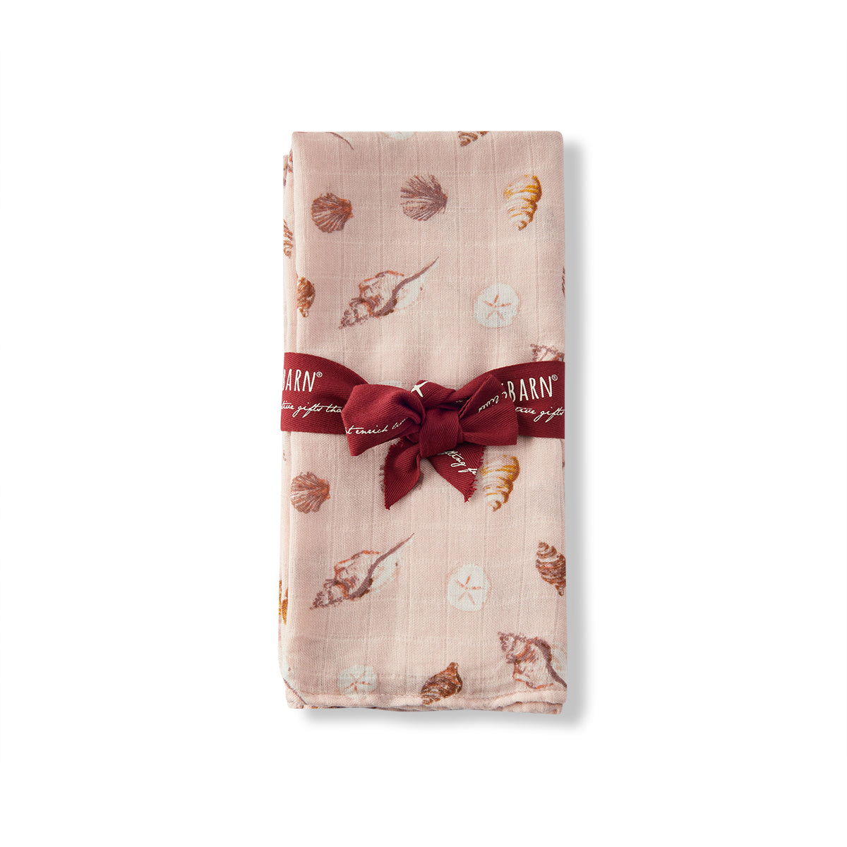 Milkbarn Seashells Bamboo Muslin Two-Piece Burp Cloth Set wrapped with ribbon, pink eco-friendly fabric with beach-inspired seashell and sand dollar design, soft and durable