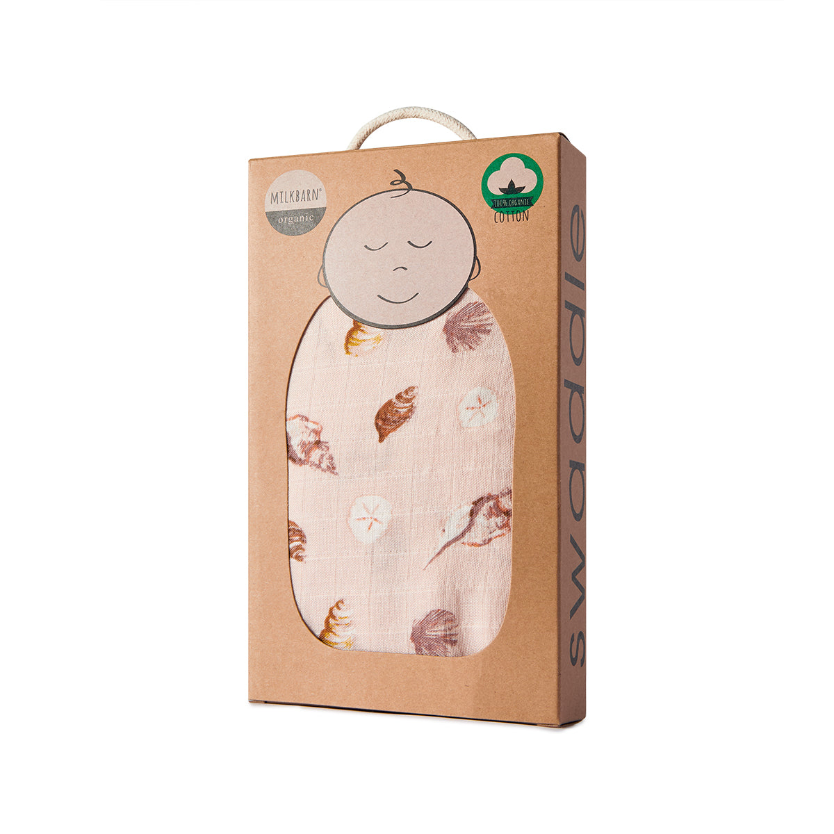 Milkbarn Seashells Bamboo Muslin Swaddle Blanket in newborn gift box, pink eco-friendly fabric with beach-inspired seashell and sand dollar design, soft and durable