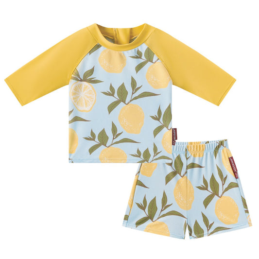 Front view of Milkbarn Lemon short-sleeve swim top and trunks set for babies and toddlers, lemon print body with yellow sleeves, UPF 50+ back-zip rash guard.