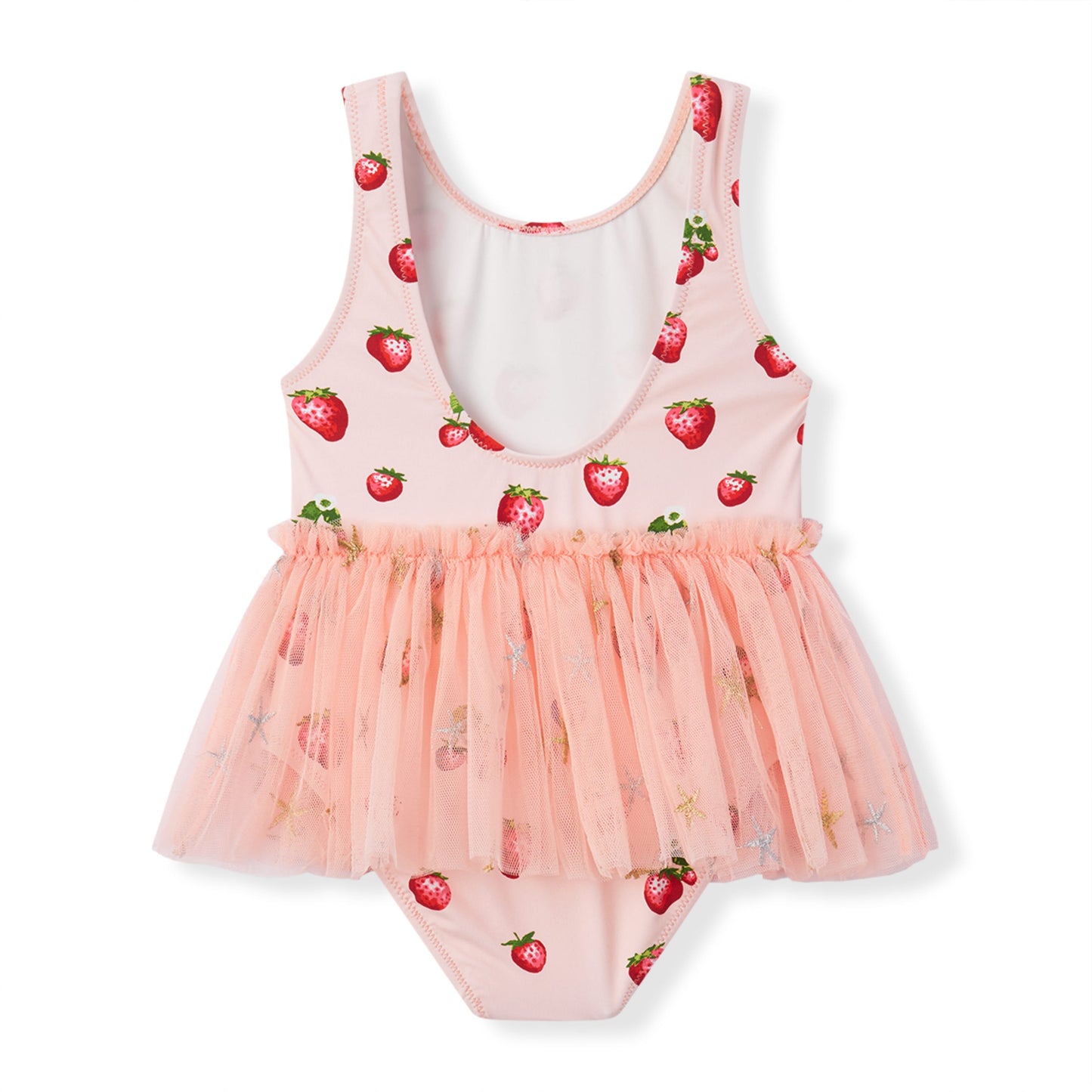 Back view of Milkbarn’s Strawberry Ballet Skirt Swimsuit with fluttering skirt detail and playful berry print made for warm, sunny adventures
