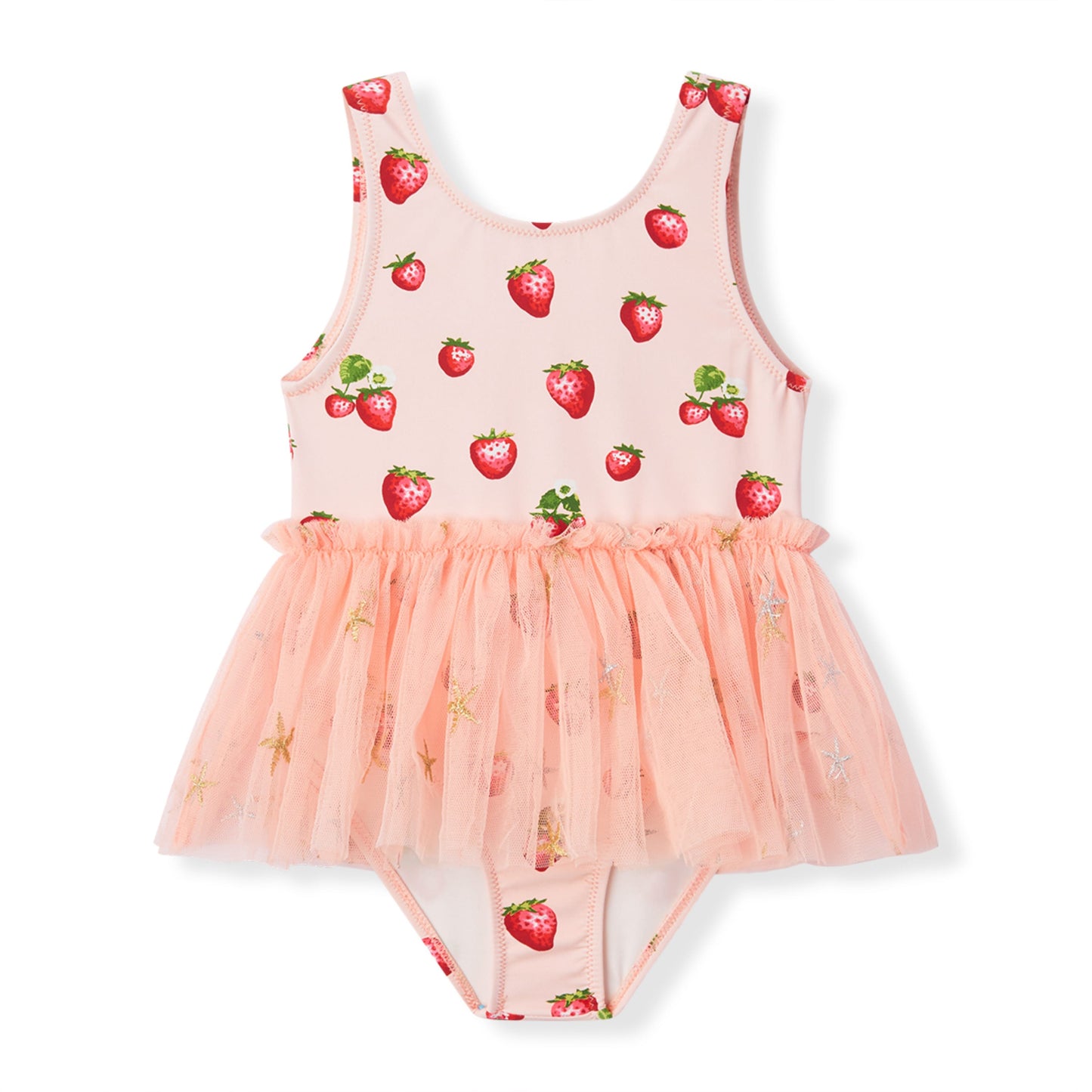 Milkbarn’s Strawberry Ballet Skirt Swimsuit featuring sweet red strawberries on a soft pink background, nylon spandex blend with UPF 50+ protection for summer fun for girls