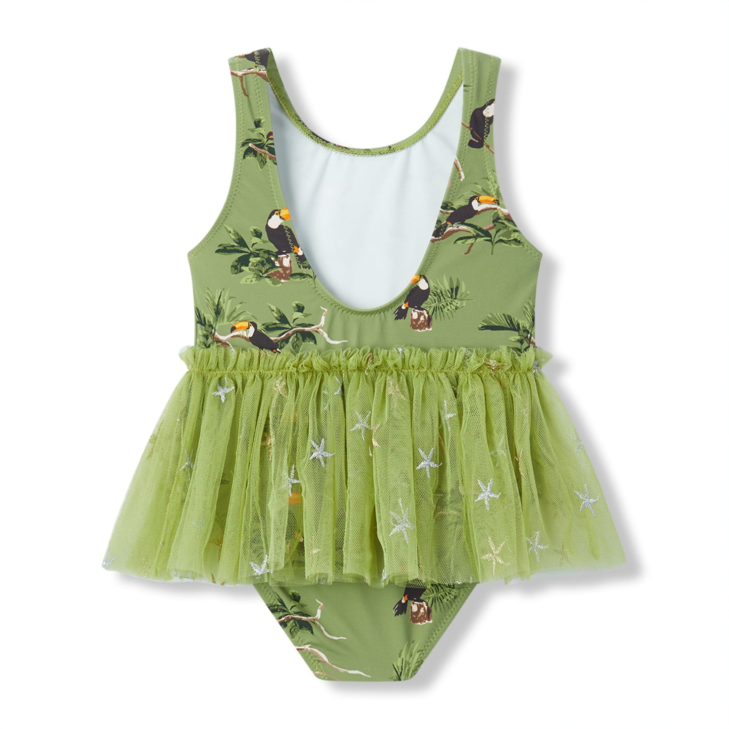 Back of Milkbarn’s Toucan Ballet Skirt Swimsuit showing soft elastic straps and layered tutu skirt in a lively tropical bird print