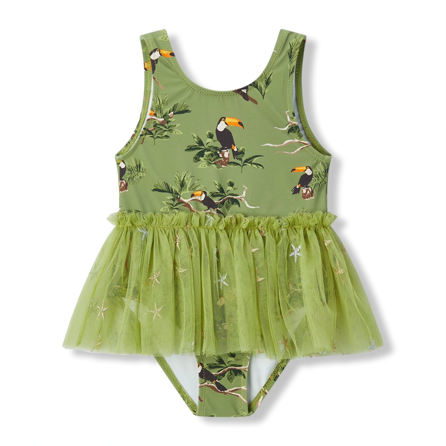 Milkbarn’s Toucan Ballet Skirt Swimsuit for girls with tropical toucans and leafy greens, crafted in a UPF 50+ nylon spandex blend for poolside play