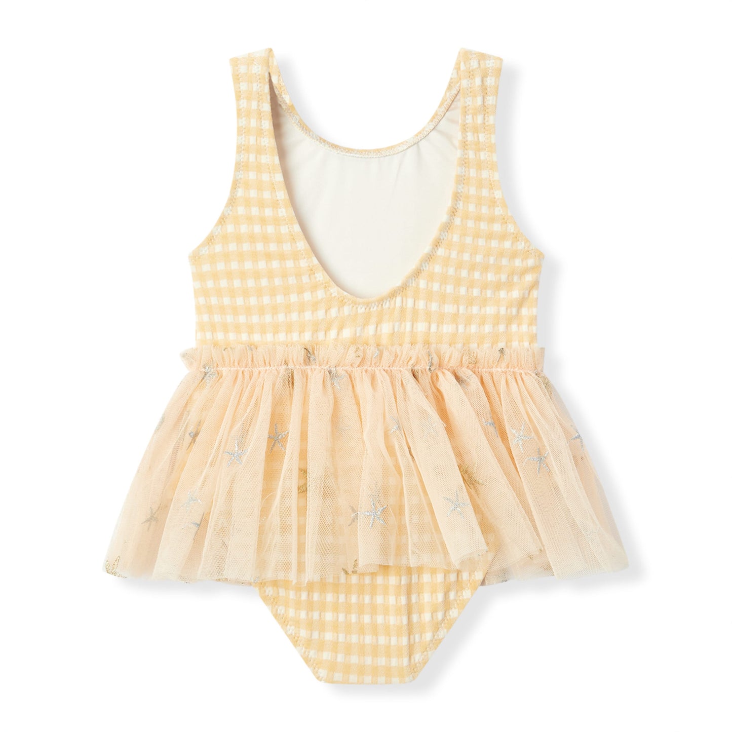 Back view of Milkbarn’s Yellow Gingham Ballet Skirt One Piece Swimsuit highlighting the charming tutu skirt and adjustable back straps for sunny playdays