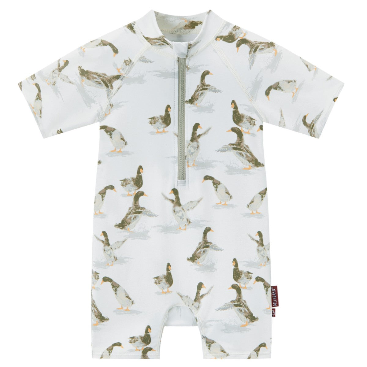 Milkbarn Duck zipper shortall swimsuit with cheerful ducks and soft pastel tones, offering UPF 50+ sun protection for playful water days.