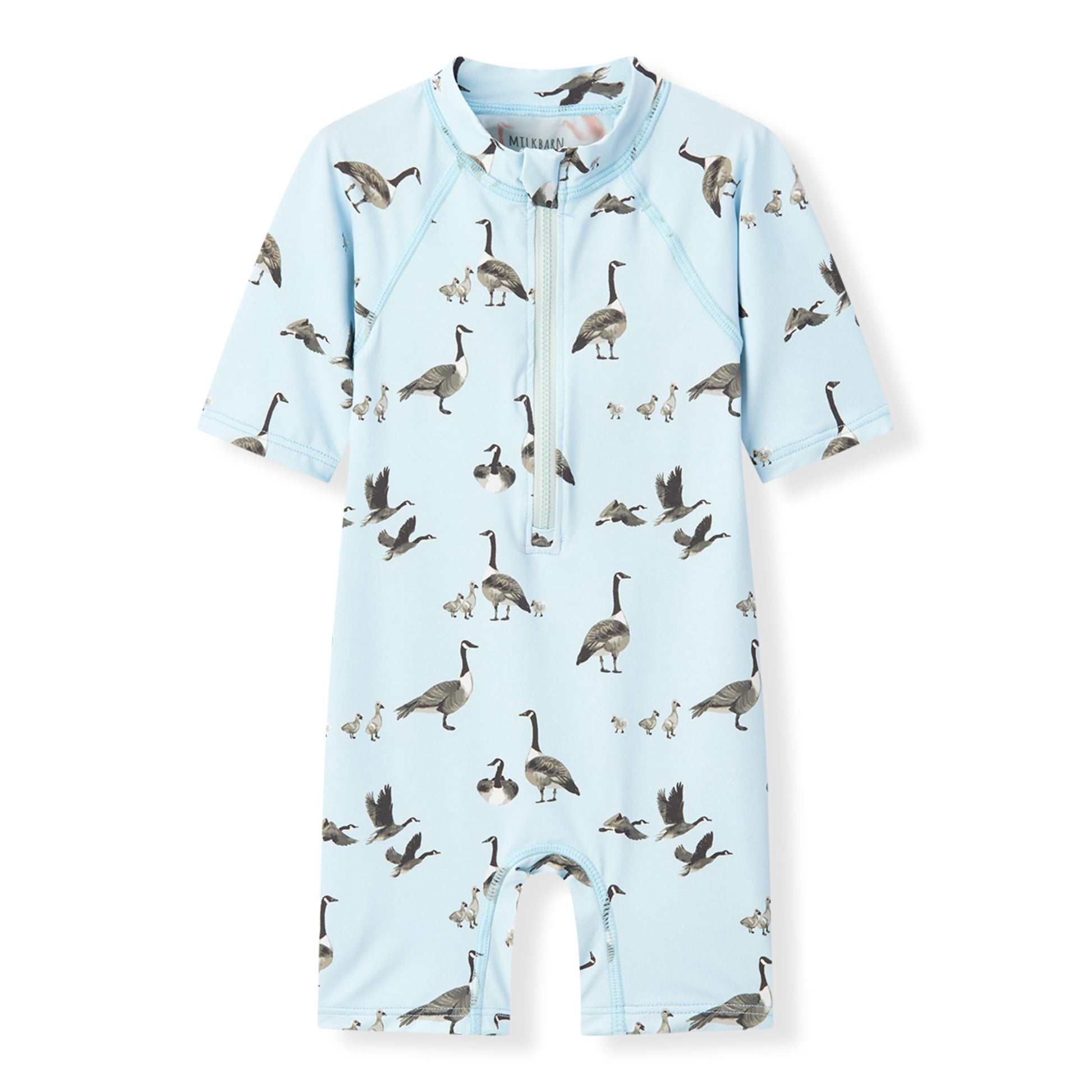 Milkbarn Goose zipper shortall swimsuit in soft blue with whimsical geese, offering comfort and UPF 50+ sun protection for little swimmers.