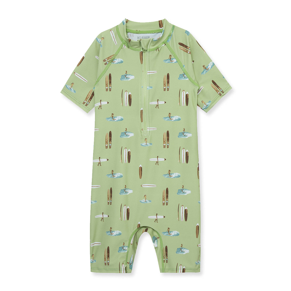 Milkbarn Summer Surf zipper shortall swimsuit in green with surfer designs, UPF 50+ sun protection for active babies and toddlers.