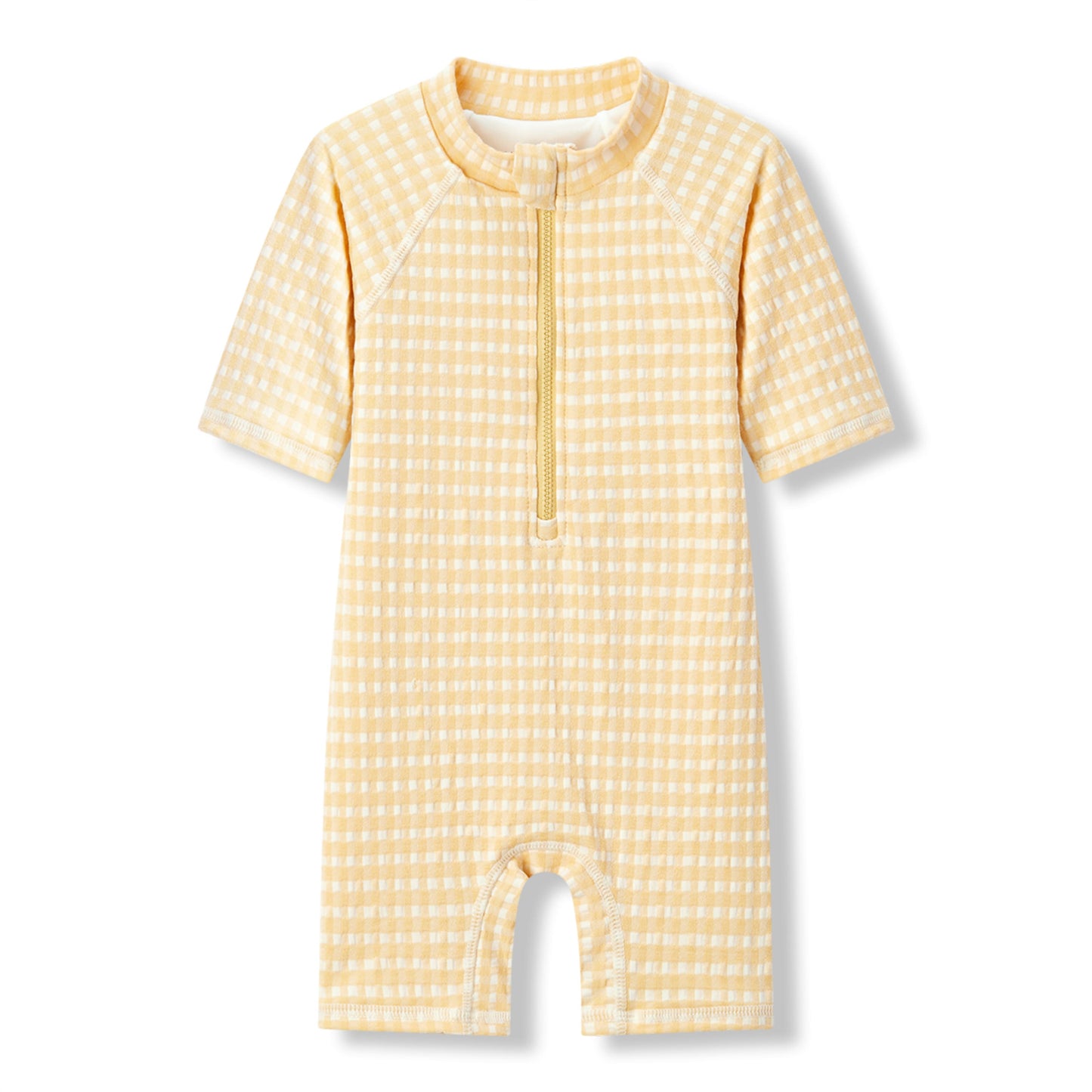 Milkbarn Yellow Gingham zipper shortall swimsuit with cheerful yellow checks and built-in UPF 50+ sun protection for babies and toddlers.