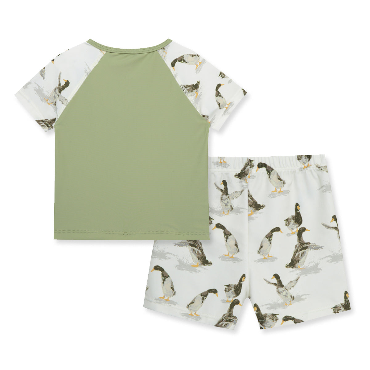 Back view of Milkbarn Duck zipper swim top and trunks set showing solid green back and duck print sleeves, UPF 50+ nylon spandex blend for sunny pool days.