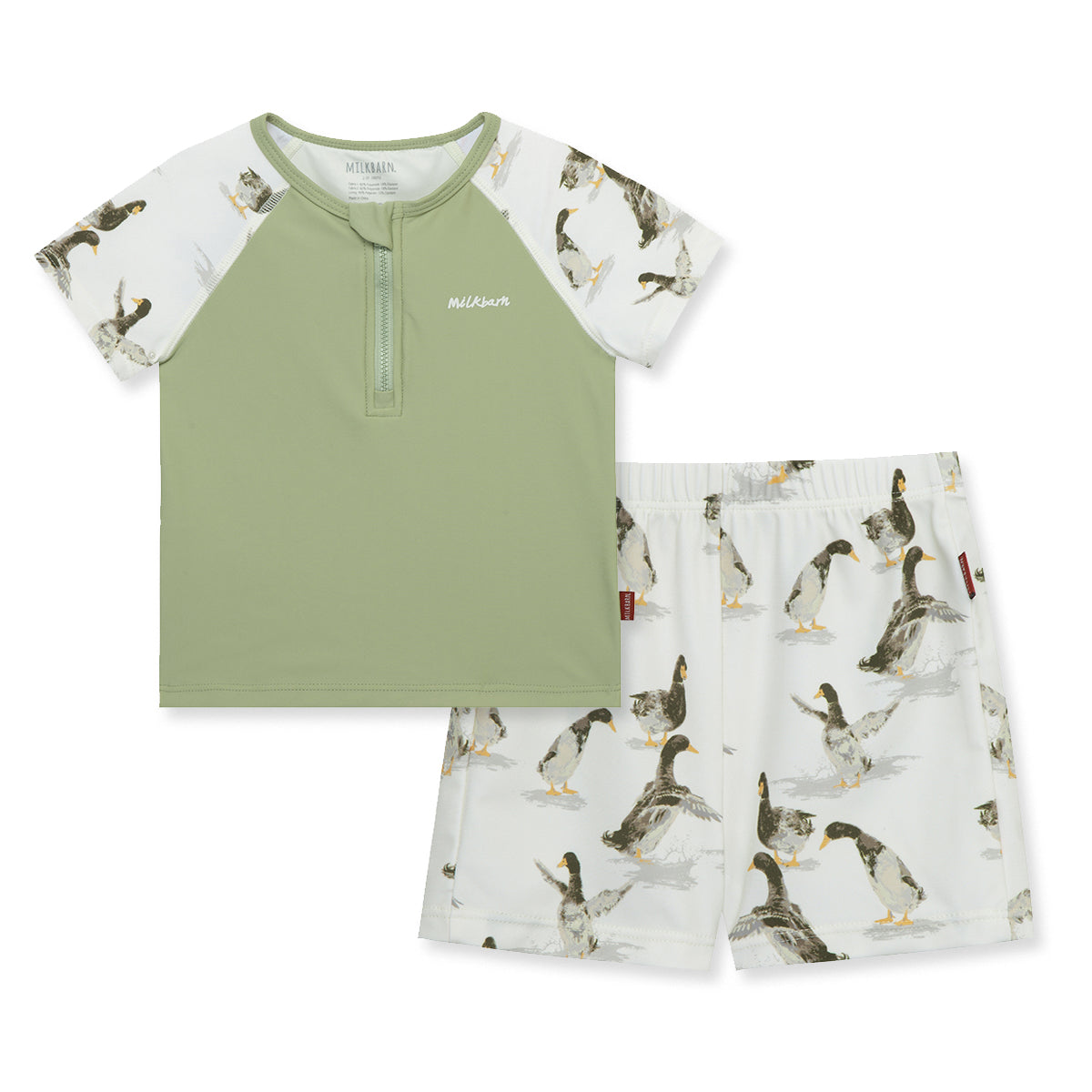 Front view of Milkbarn Duck zipper swim top and trunks set for babies and toddlers, green body with cheerful duck print sleeves, UPF 50+ sun-protective swimwear.