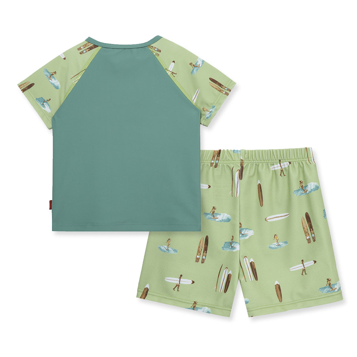 Back view of Milkbarn Summer Surf zipper swim top and trunks set showing solid green back, surfer print sleeves, UPF 50+ kids swimwear.