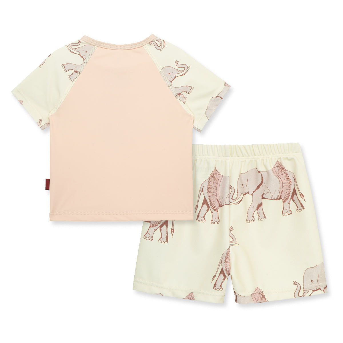 Back view of Milkbarn Tutu Elephant zipper swim top and trunks set showing solid pink back, elephant print sleeves, and UPF 50+ sun-safe nylon blend.
