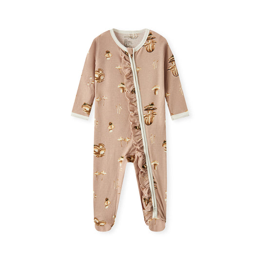 Mushroom print organic cotton ruffle footed romper (footie pajamas) for baby girls, breathable and gentle on skin