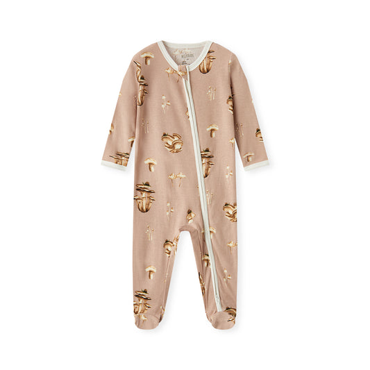 Mushroom print organic cotton zipper footed romper (footie pajamas) for babies, neutral, soft, and cozy