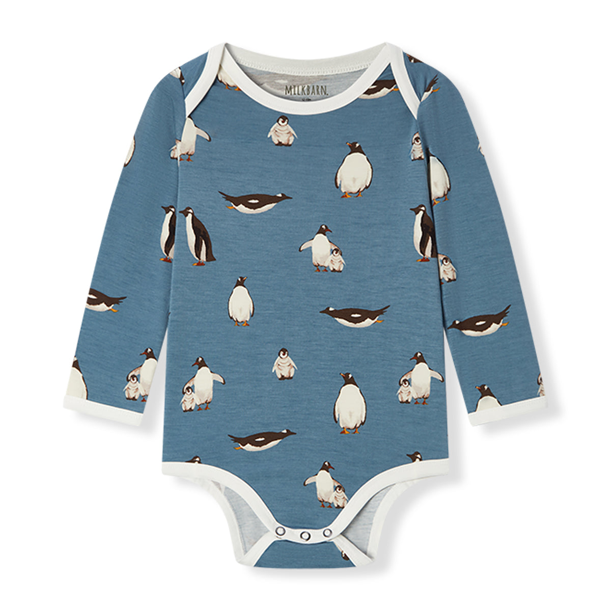 Soft and stretchy Luxe Stretch long sleeve baby one piece in blue with penguin print