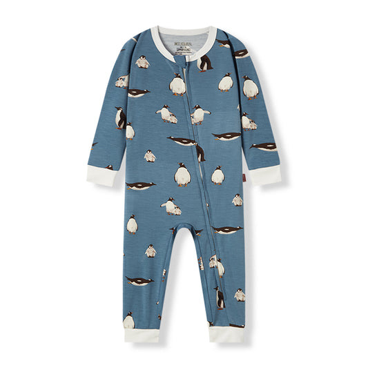Milkbarn Penguin Luxe Stretch Zipper Pajama for babies in blue, made of soft and breathable bamboo blend with playful penguin pattern, gentle on skin and comfortable for sleep and play, unisex design