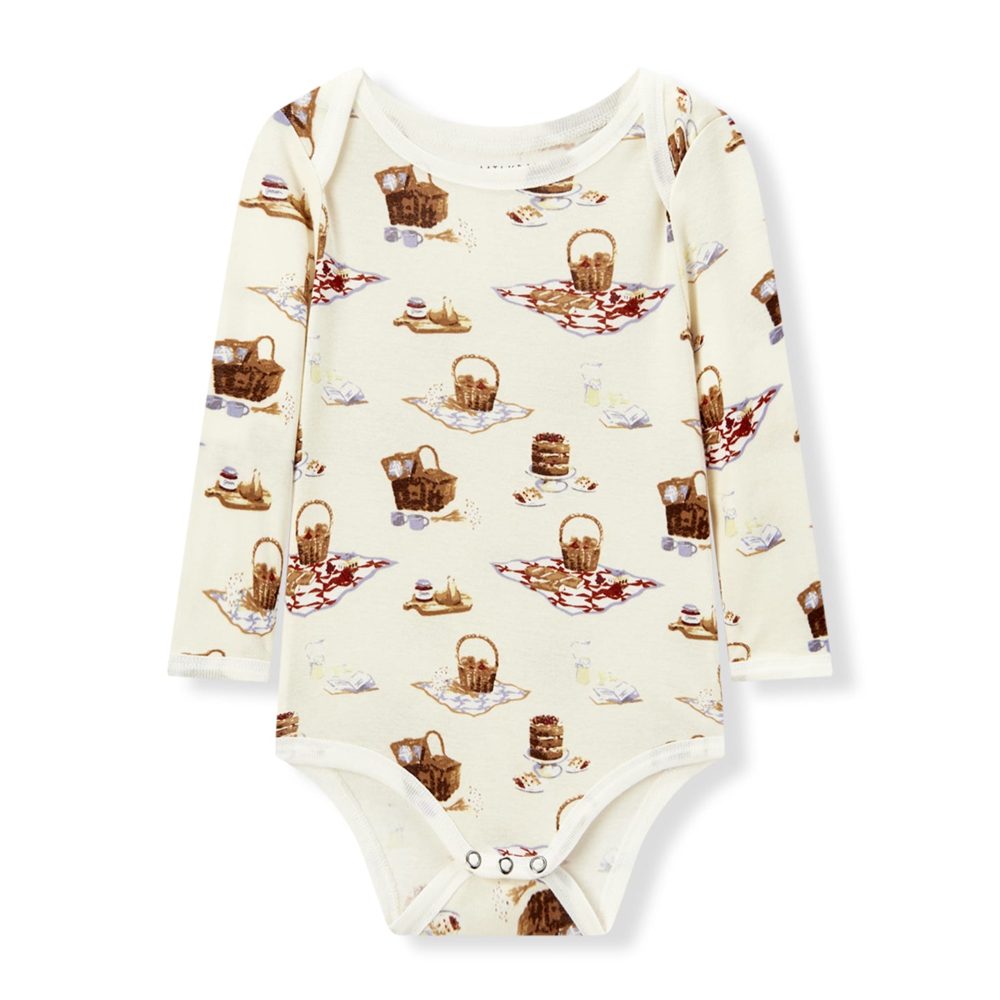 Soft and hypoallergenic organic cotton long sleeve baby one piece in white with playful picnic print